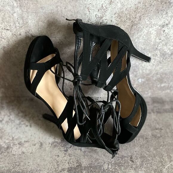 Strappy Stiletto Lace Up Heels Black 8.5 Top Moda Nubuck Party - Picture 10 of 12